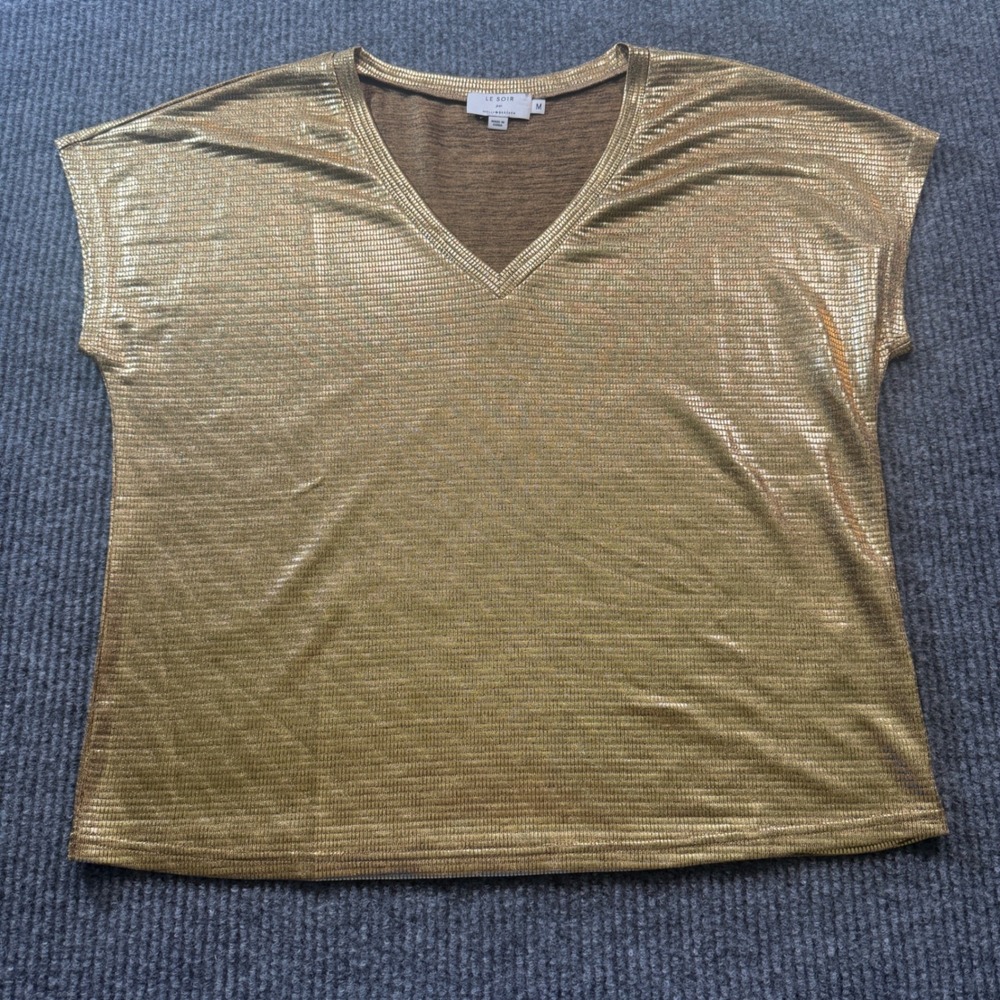 Molly Bracken Le Soir V-Neck Top Women Medium Gold Metallic Short Sleeve Party
